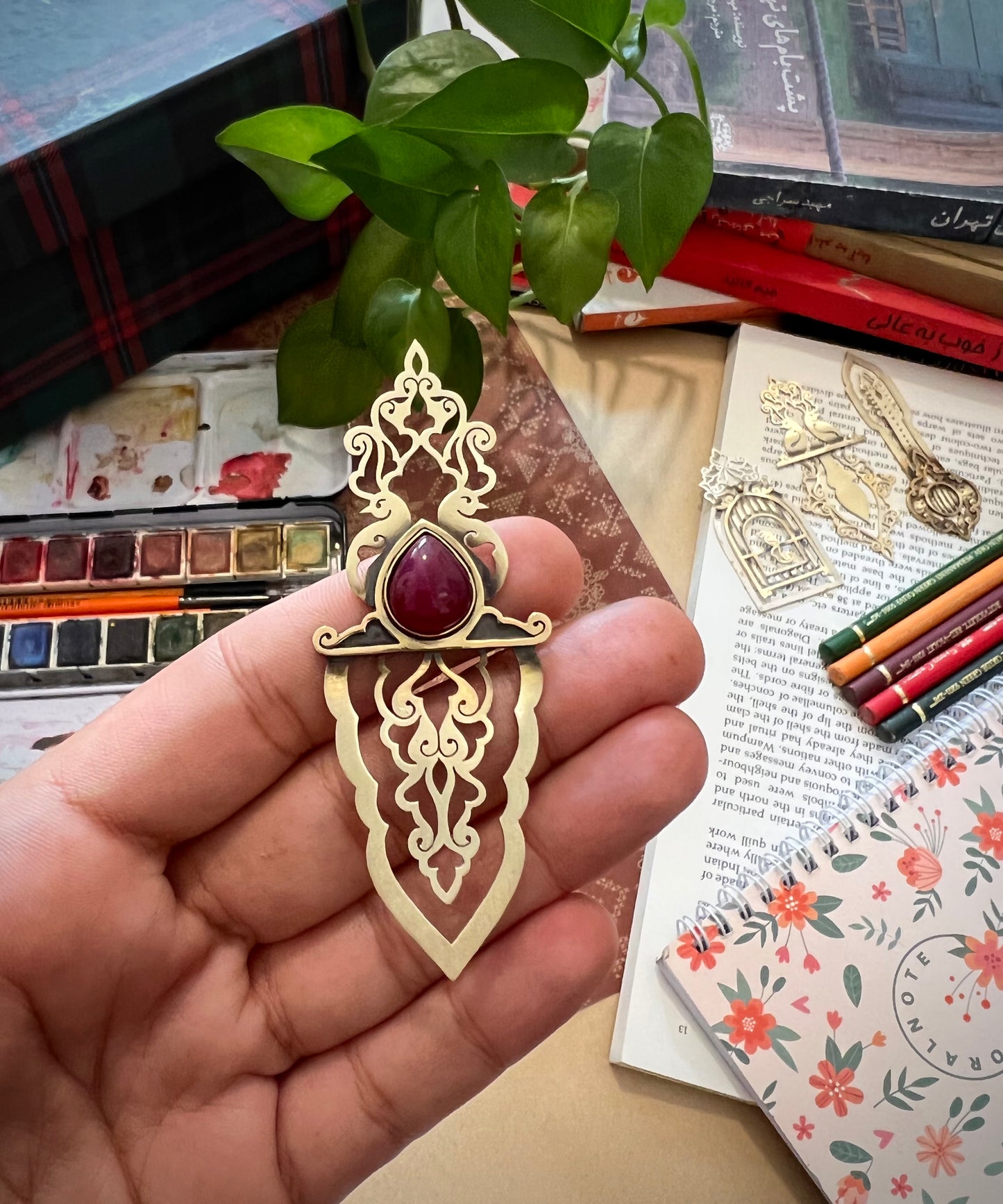 Guardians of Flame Brass Bookmark – Handcrafted with Red Agate Stone