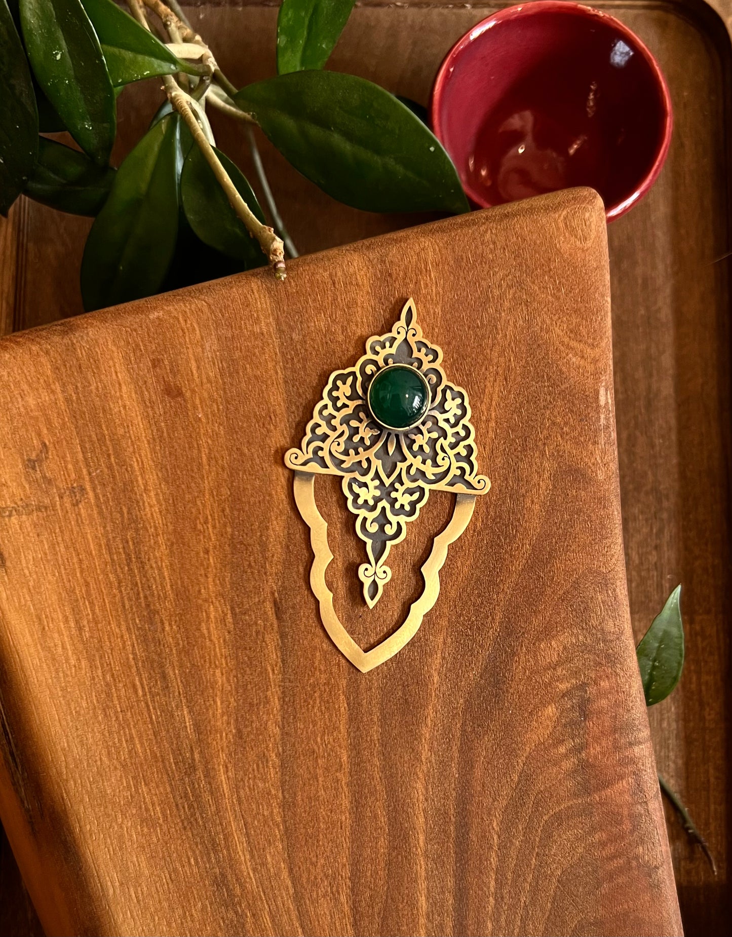 Spring Melody  Brass Bookmark – Handcrafted with Green Agate Stone